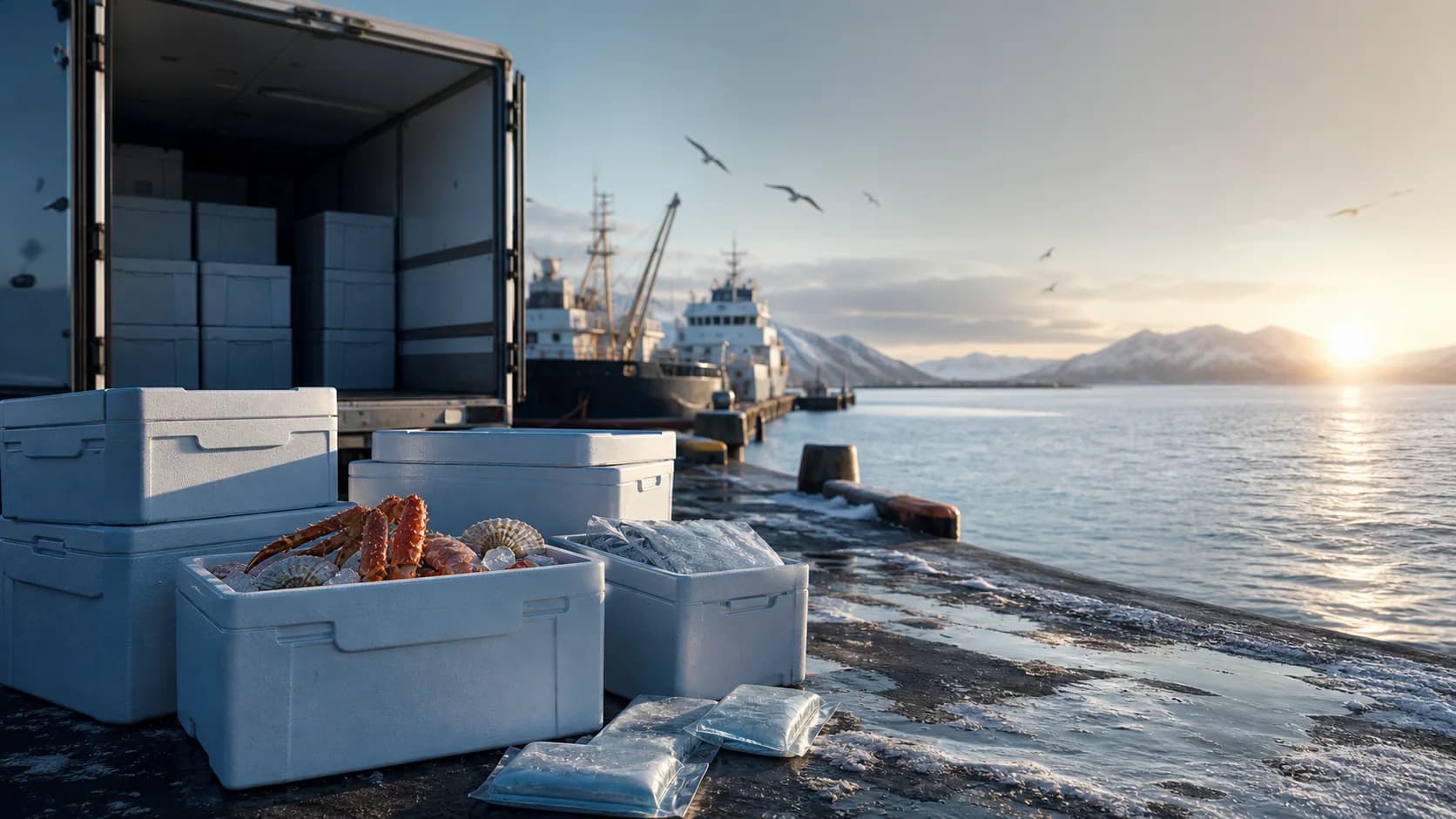 Термоконтейнеры для доставки морепродуктов у холодного морского порта